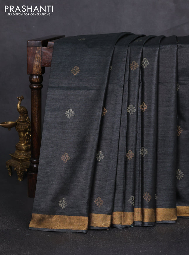 Banana silk saree dark grey with thread & zari woven buttas and zari woven border
