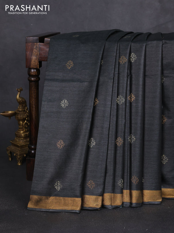 Banana silk saree dark grey with thread & zari woven buttas and zari woven border