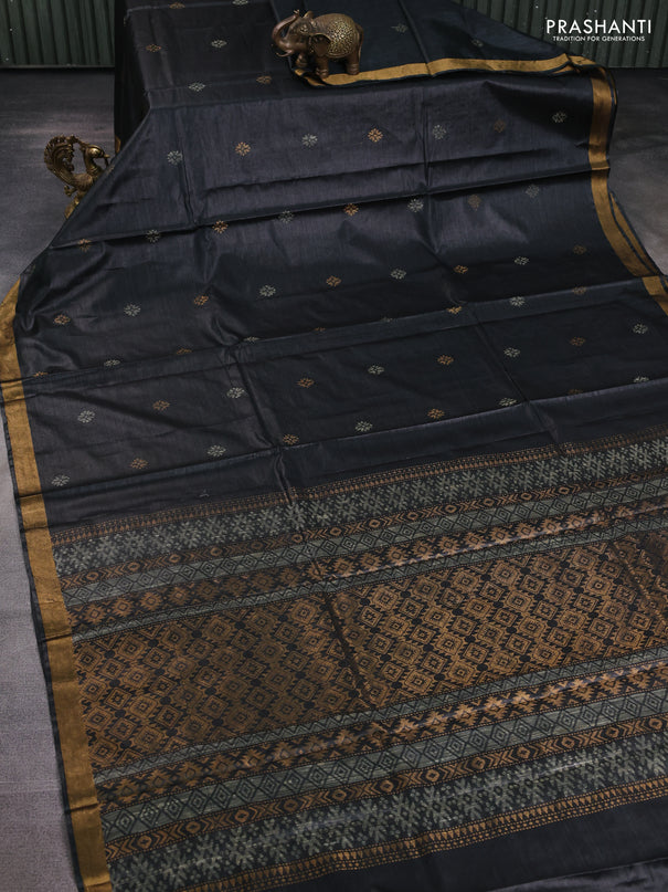 Banana silk saree dark grey with thread & zari woven buttas and zari woven border