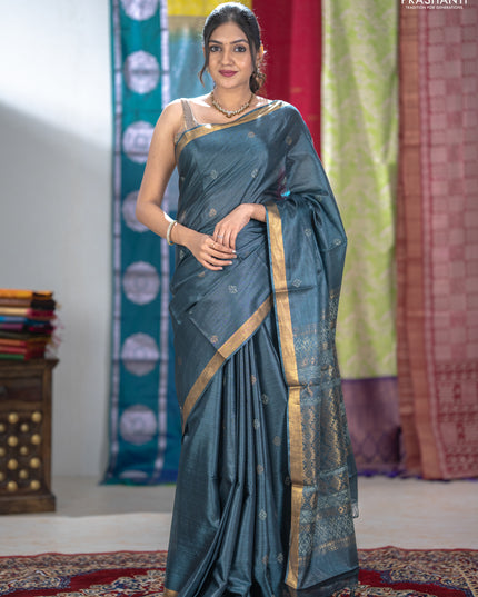 Banana silk saree dark grey with thread & zari woven buttas and zari woven border