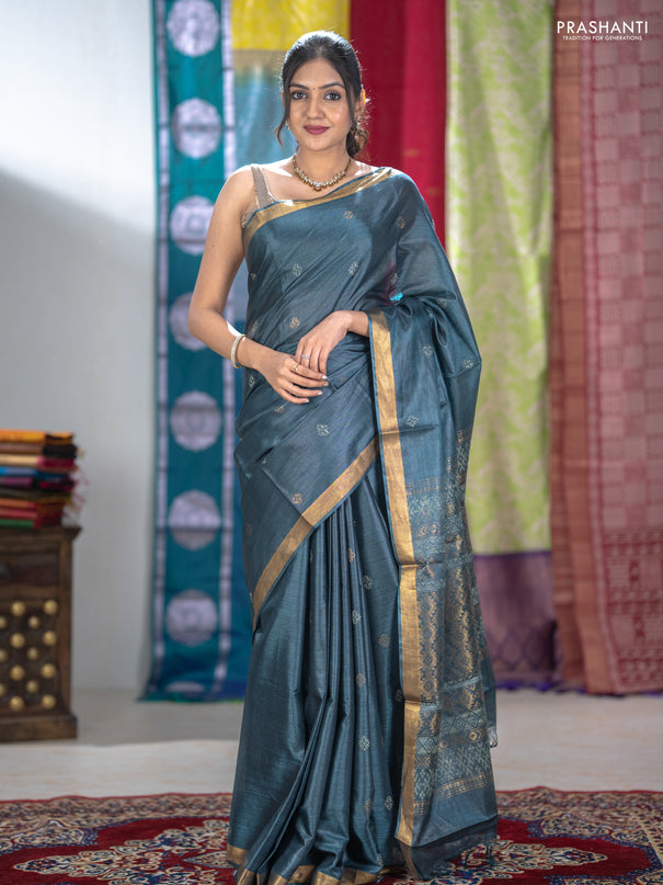 Banana silk saree dark grey with thread & zari woven buttas and zari woven border