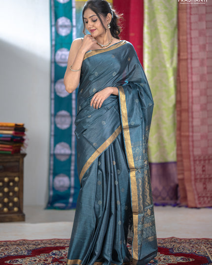 Banana silk saree dark grey with thread & zari woven buttas and zari woven border