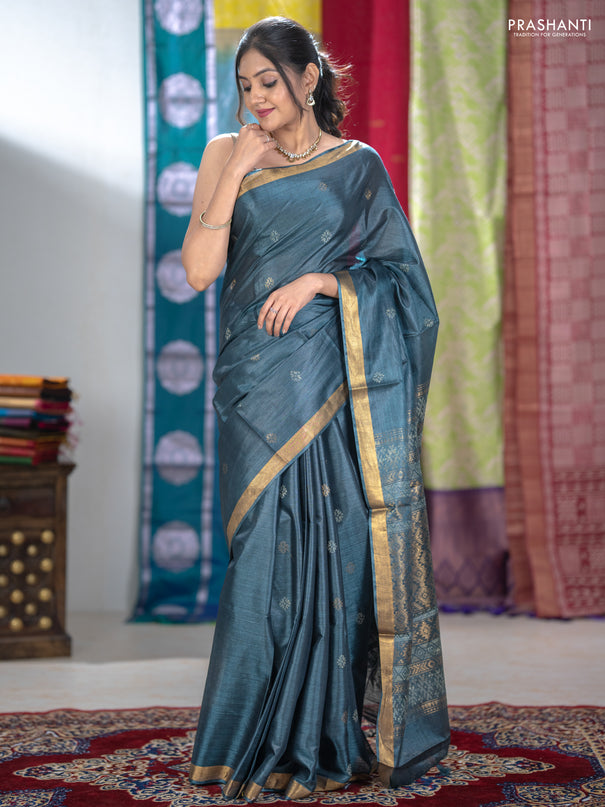 Banana silk saree dark grey with thread & zari woven buttas and zari woven border