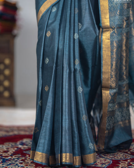 Banana silk saree dark grey with thread & zari woven buttas and zari woven border