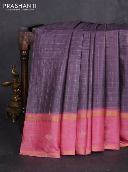 Banana silk saree pastel purple and pink with allover zari checked pattern and rettapet zari woven border