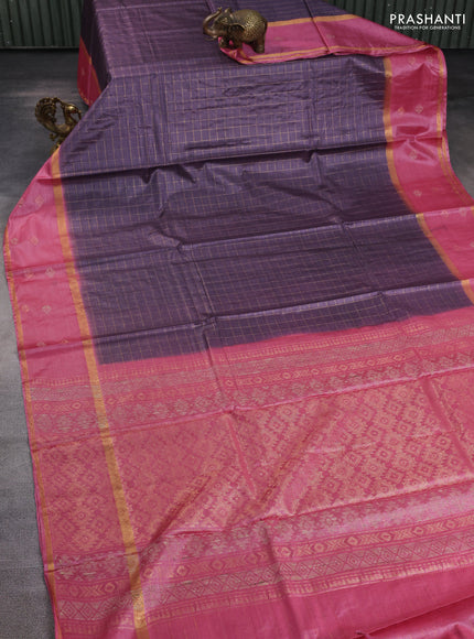 Banana silk saree pastel purple and pink with allover zari checked pattern and rettapet zari woven border