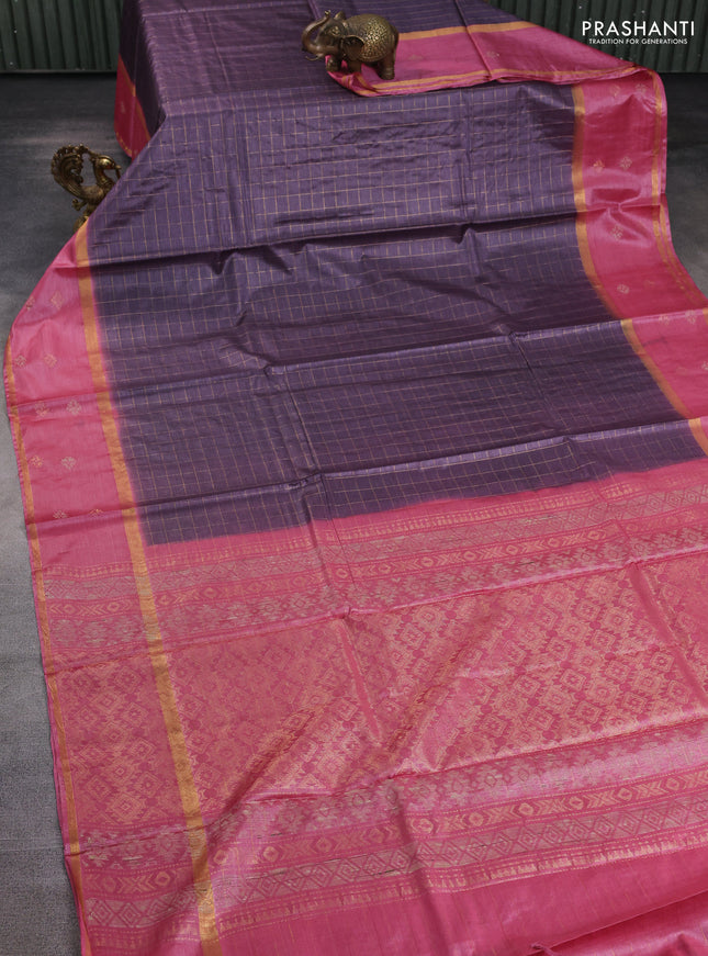 Banana silk saree pastel purple and pink with allover zari checked pattern and rettapet zari woven border
