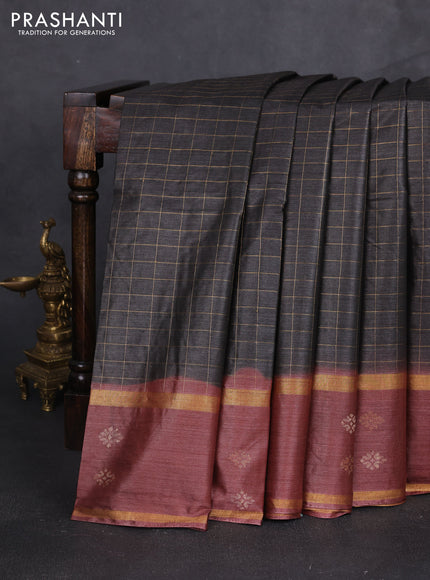 Banana silk saree black and rust shade with allover zari checked pattern and rettapet zari woven border
