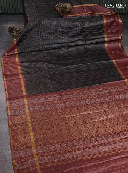 Banana silk saree black and rust shade with allover zari checked pattern and rettapet zari woven border