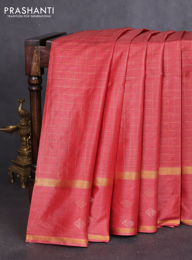 Banana silk saree red shade with allover zari checked pattern and rettapet zari woven border