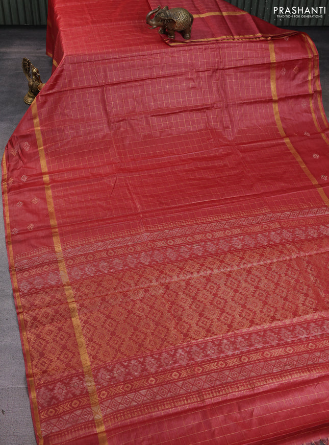Banana silk saree red shade with allover zari checked pattern and rettapet zari woven border