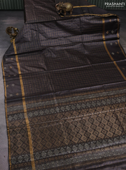 Banana silk saree black with allover zari checked pattern and rettapet zari woven border