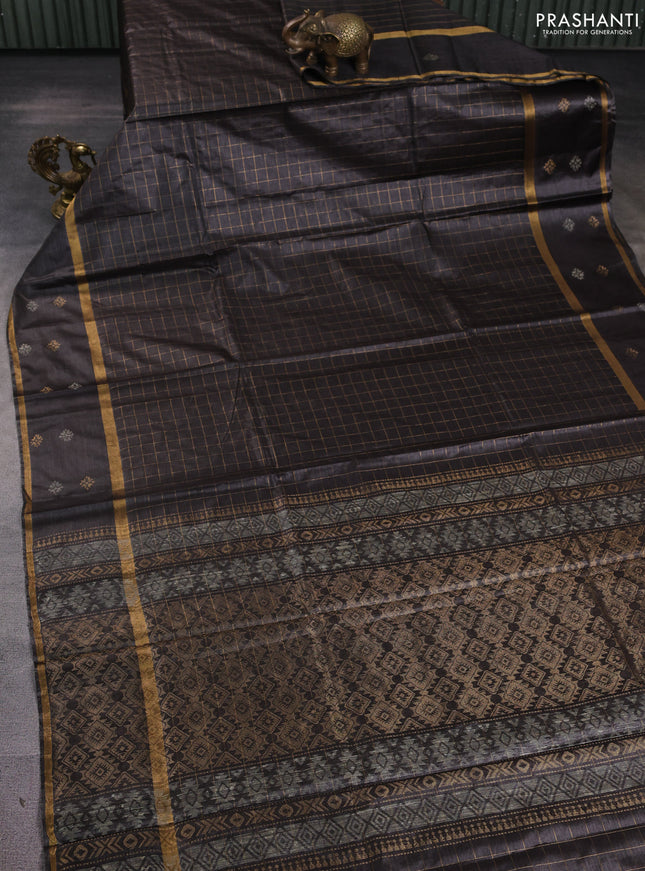 Banana silk saree black with allover zari checked pattern and rettapet zari woven border
