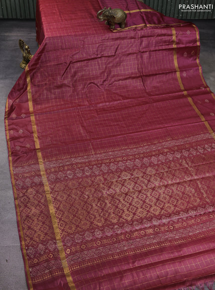 Banana silk saree maroon with allover zari checked pattern and rettapet zari woven border