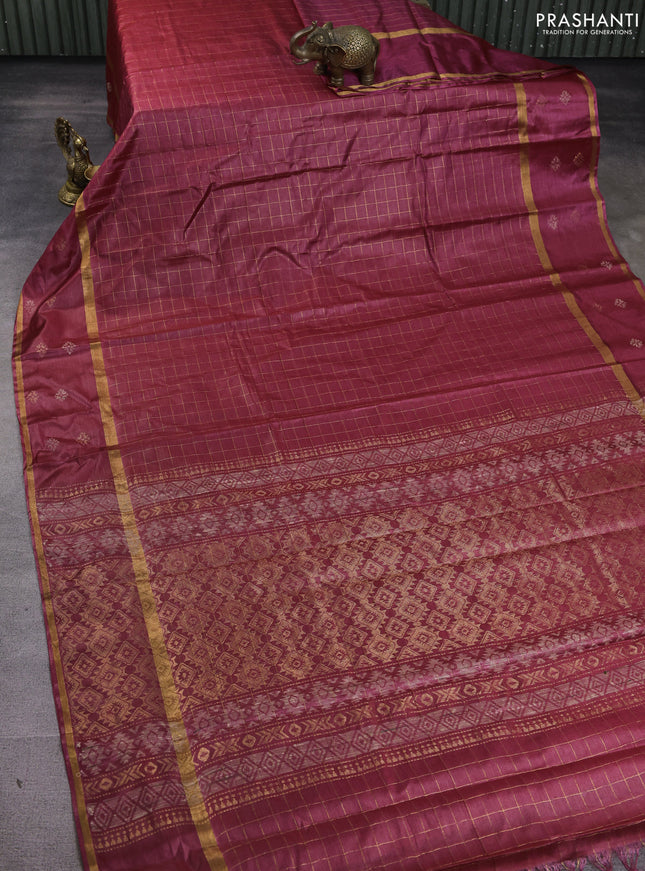 Banana silk saree maroon with allover zari checked pattern and rettapet zari woven border