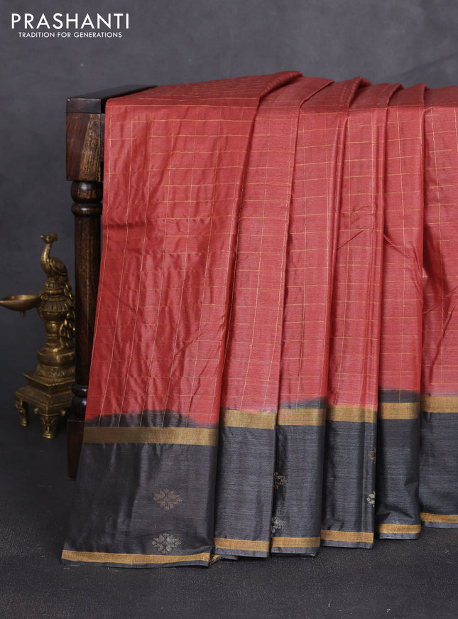 Banana silk saree rust shade and black with allover zari checked pattern and rettapet zari woven border