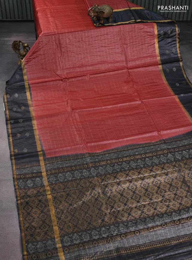Banana silk saree rust shade and black with allover zari checked pattern and rettapet zari woven border