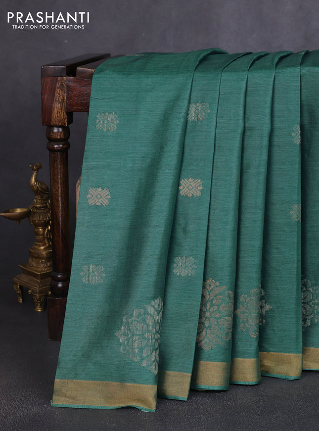 Banana silk saree teal green with allover thread & zari woven buttas and zari woven border