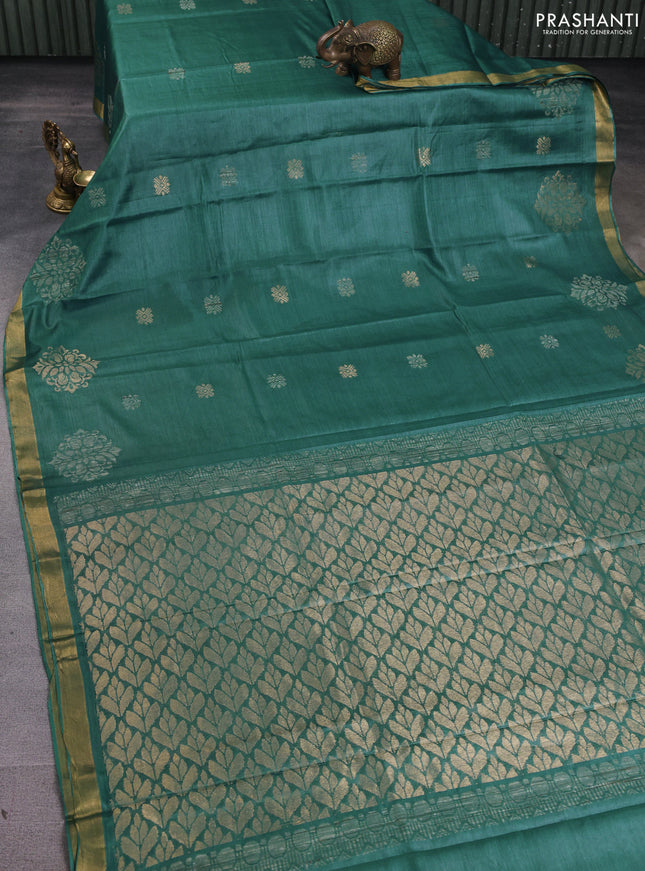 Banana silk saree teal green with allover thread & zari woven buttas and zari woven border