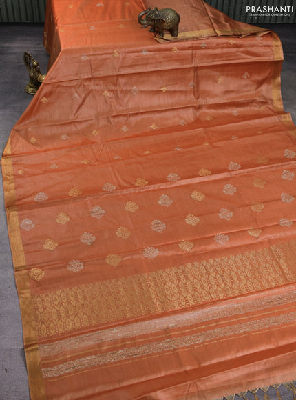 Banana silk saree rust shade with thread & zari woven buttas and zari woven border