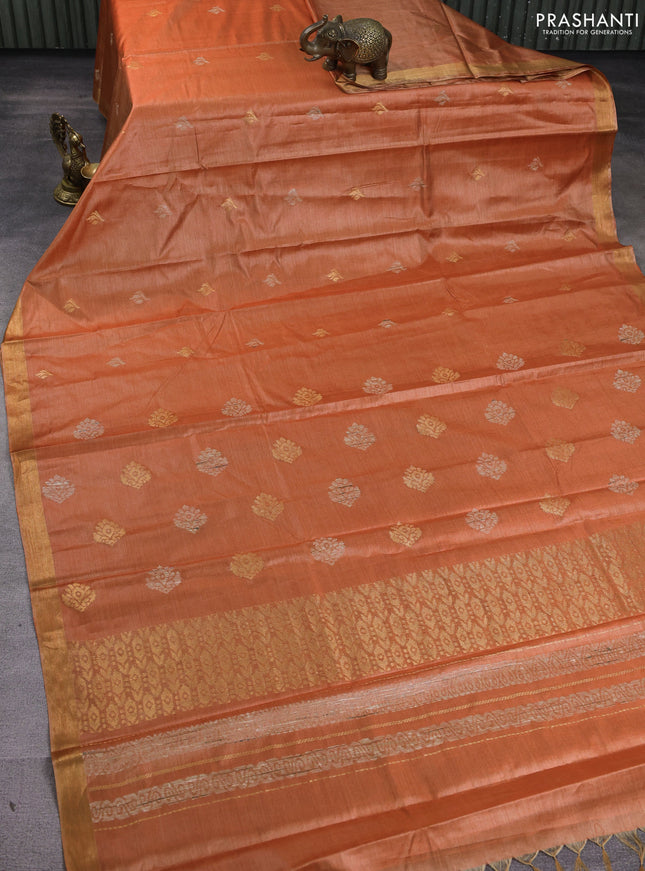 Banana silk saree rust shade with thread & zari woven buttas and zari woven border