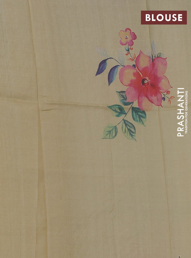 Pure tussar silk saree cream with allover floral prints & mirror work and mirror embroidery cut work pallu & border