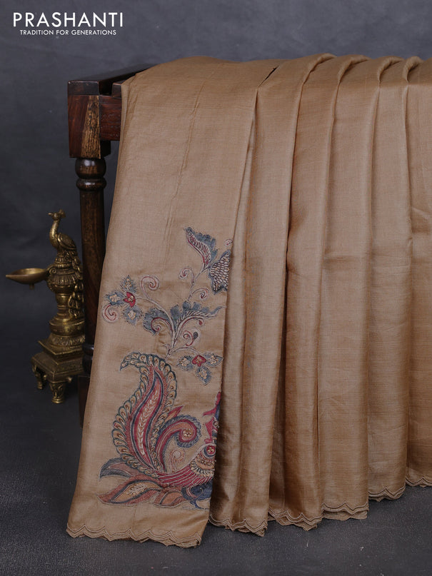 Pure tussar silk saree sandal with kalamkari embroidery applique work