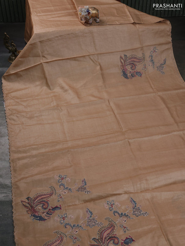 Pure tussar silk saree sandal with kalamkari embroidery applique work