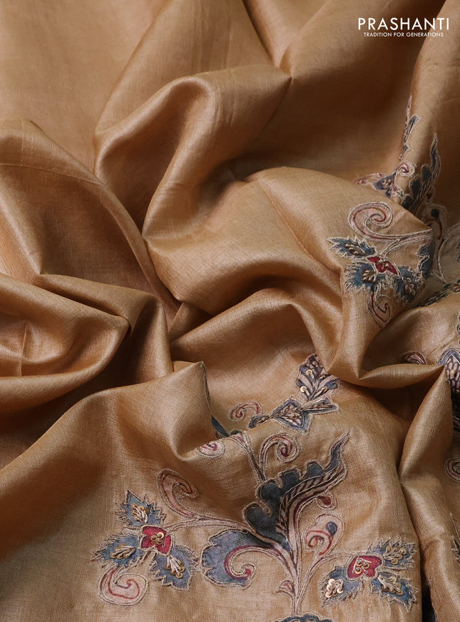 Pure tussar silk saree sandal with kalamkari embroidery applique work