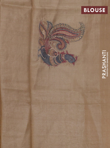 Pure tussar silk saree sandal with kalamkari embroidery applique work