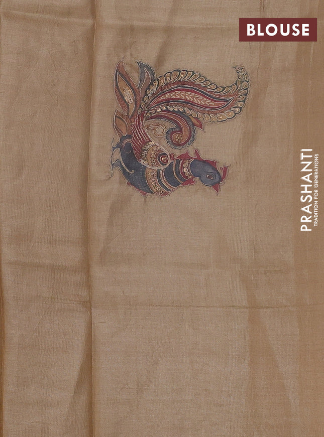 Pure tussar silk saree sandal with kalamkari embroidery applique work