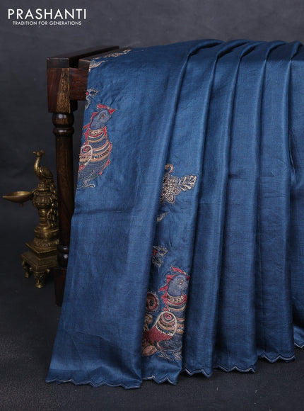 Pure tussar silk saree peacock blue with kalamkari embroidery applique work