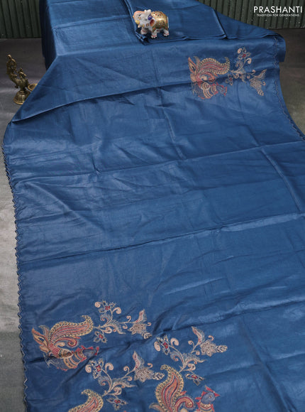 Pure tussar silk saree peacock blue with kalamkari embroidery applique work