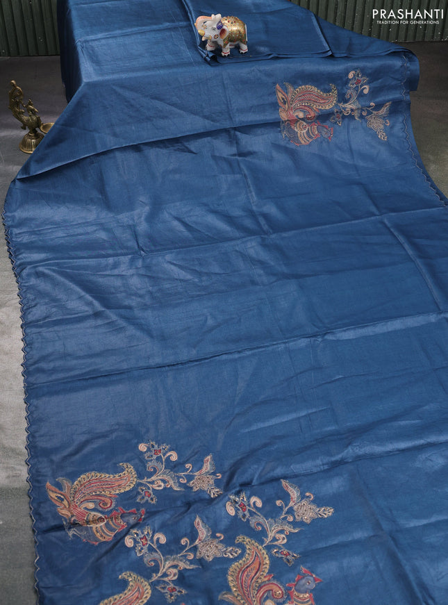 Pure tussar silk saree peacock blue with kalamkari embroidery applique work