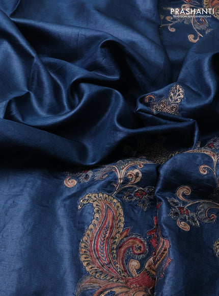 Pure tussar silk saree peacock blue with kalamkari embroidery applique work