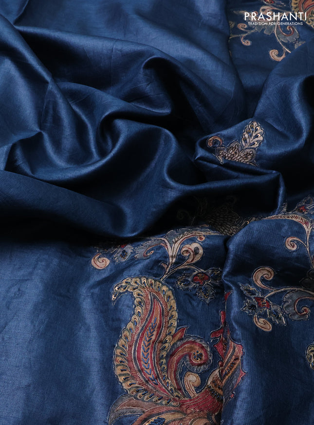 Pure tussar silk saree peacock blue with kalamkari embroidery applique work