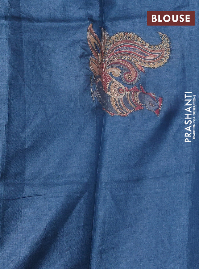 Pure tussar silk saree peacock blue with kalamkari embroidery applique work