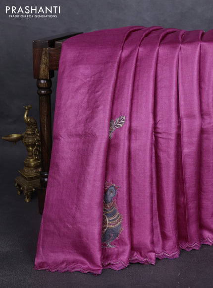 Pure tussar silk saree dark magenta pink with kalamkari embroidery applique work