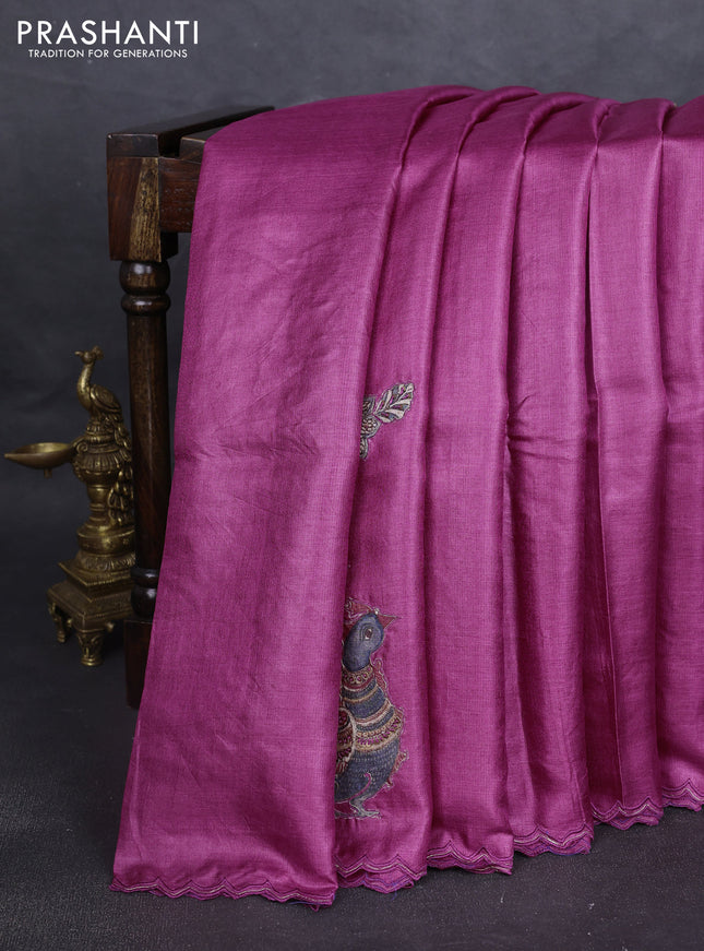 Pure tussar silk saree dark magenta pink with kalamkari embroidery applique work