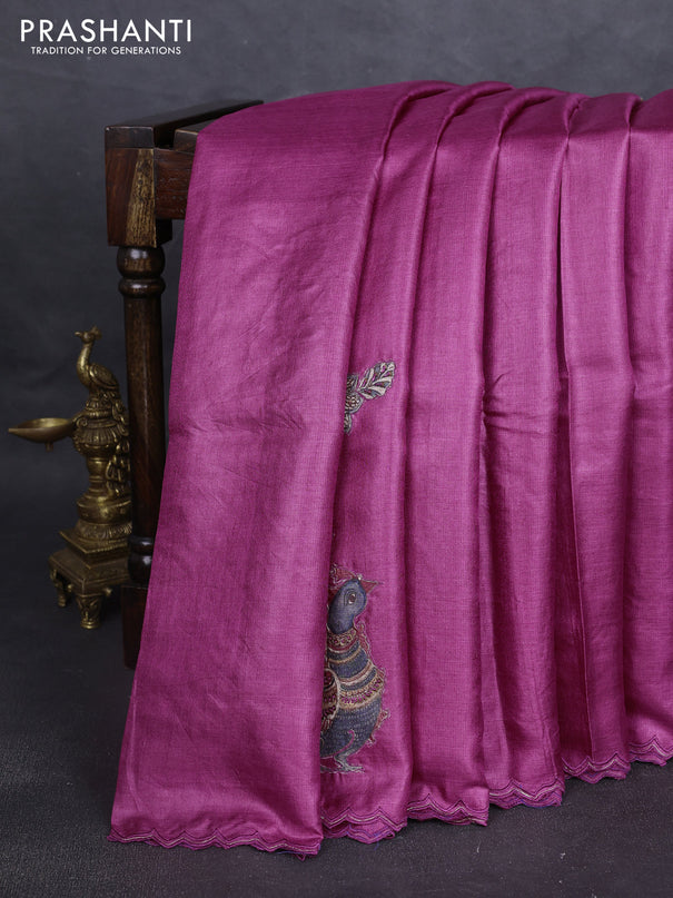 Pure tussar silk saree dark magenta pink with kalamkari embroidery applique work