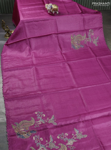 Pure tussar silk saree dark magenta pink with kalamkari embroidery applique work