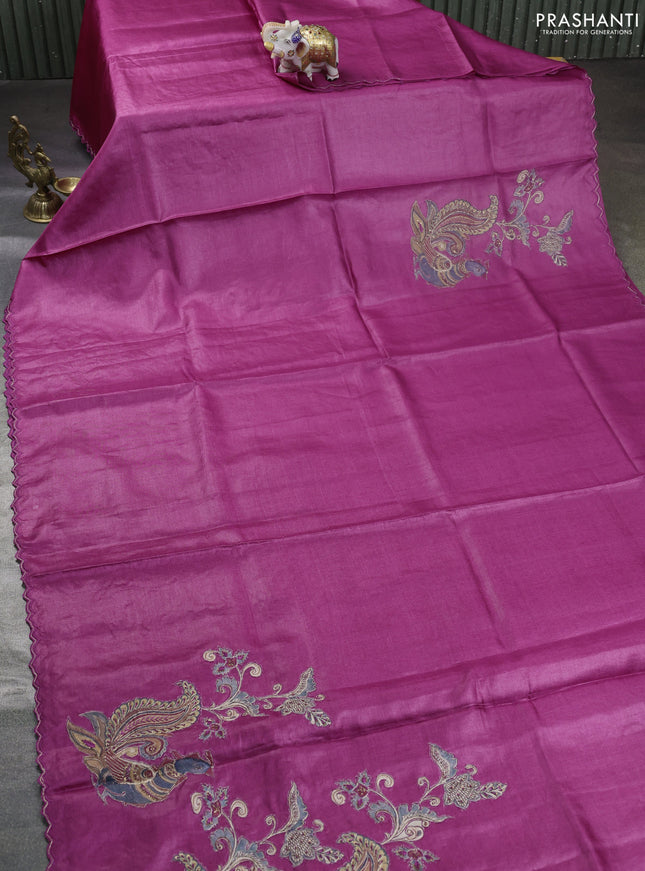 Pure tussar silk saree dark magenta pink with kalamkari embroidery applique work