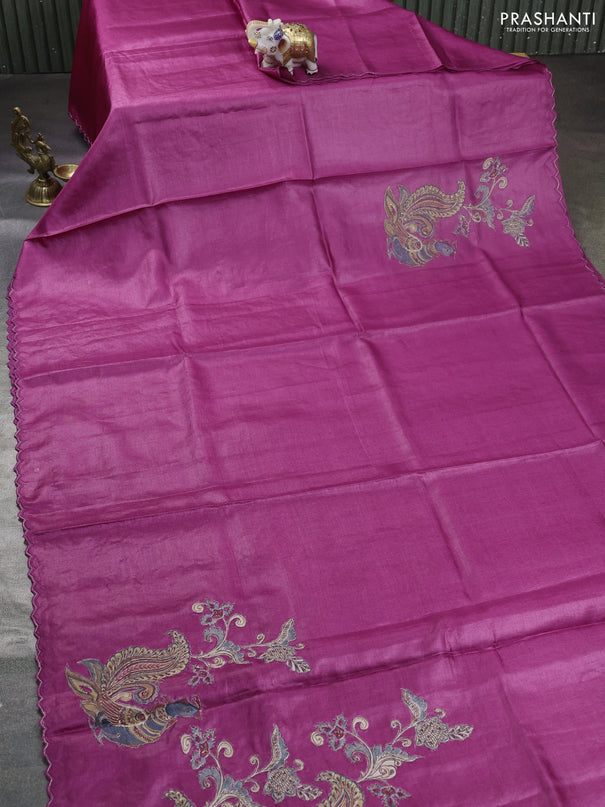 Pure tussar silk saree dark magenta pink with kalamkari embroidery applique work