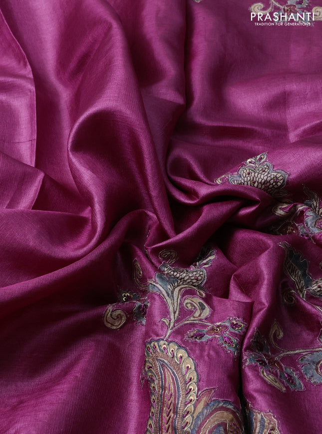 Pure tussar silk saree dark magenta pink with kalamkari embroidery applique work
