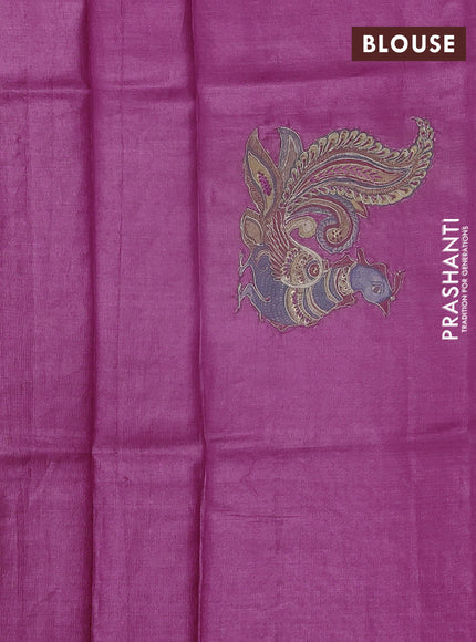 Pure tussar silk saree dark magenta pink with kalamkari embroidery applique work