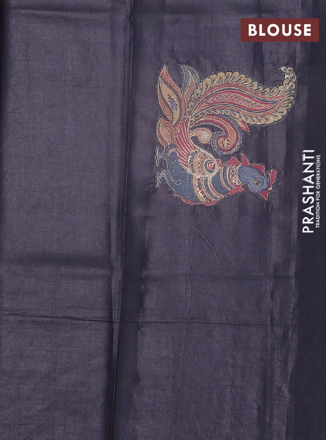 Pure tussar silk saree black with kalamkari embroidery applique work