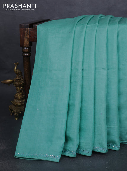 Pure tussar silk saree teal blue with mirror embroidery work and embroidery work blouse