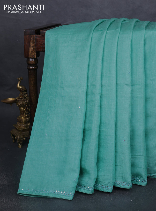 Pure tussar silk saree teal blue with mirror embroidery work and embroidery work blouse