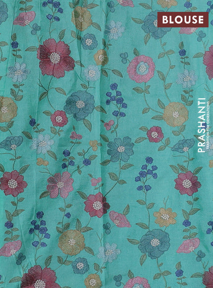 Pure tussar silk saree teal blue with mirror embroidery work and embroidery work blouse