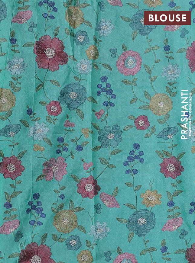Pure tussar silk saree teal blue with mirror embroidery work and embroidery work blouse